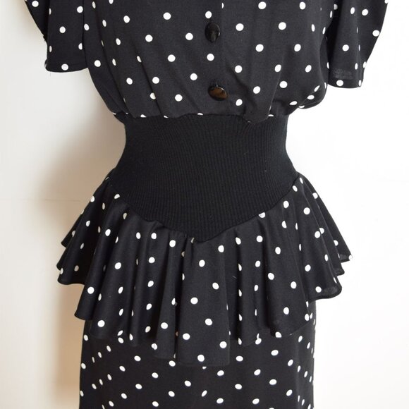 vintage 80s dress black white polka dot print peplum ruffle secretary puff M - Picture 3 of 9